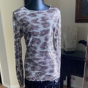 Free People Silver Sequin Long Sleeve Top